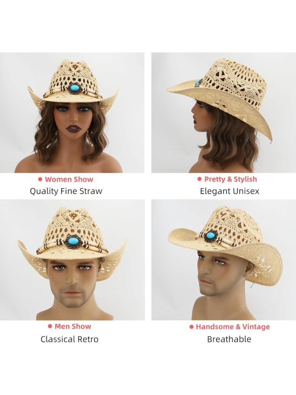 Men's Beige-m Straw Adjustable Wide Brim Sun Beach Western Cowgirl Cowboy Hat - Picture 6 of 6